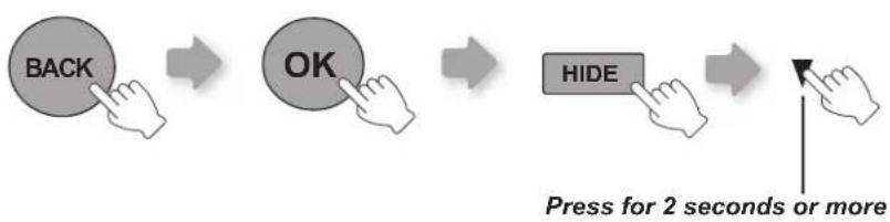graph LR A["BACK"] --> B["OK"] B --> C["HIDE"] C --> D["Press for 2 seconds or more"]