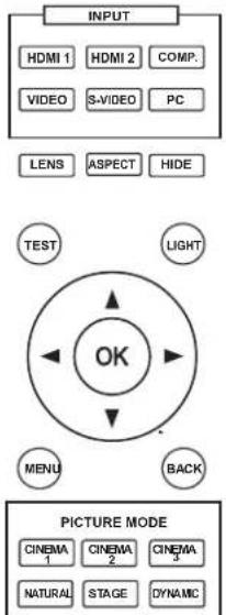graph TD A["INPUT"] --> B["HDMI 1"] A --> C["HDMI 2"] A --> D["COMP."] A --> E["VIDEO"] A --> F["S-VIDEO"] A --> G["PC"] A --> H["LENS"] A --> I["ASPECT"] A --> J["HIPE"] K["TEST"] --> L["OK"] M["LIGHT"] --> L N["MENU"] --> L O["BACK"] --> L P["PICTURE MODE"] --> Q["CINEMA 1"] P --> R["CINEMA 2"] P…