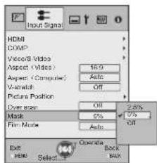 Input Signal HDMI COMP Video& Video Aspect (Video) Aspect (Computer) Variation Picture Position Over size Mask Flin Mode Edit Select Operate Back OK