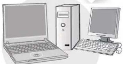 Illustration of three computer devices: desktop computer, tower, and monitor (no text or symbols)