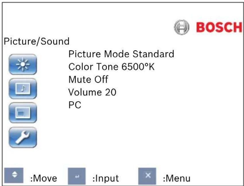 Picture/Sound Picture Mode Standard Color Tone 6500°K Mute Off Volume 20 PC :Move :Input :Menu
