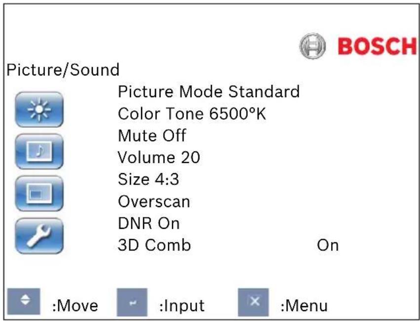 Picture/Sound Picture Mode Standard Color Tone 6500°K Mute Off Volume 20 Size 4:3 Overscan DNR On 3D Comb On :Move :Input :Menu