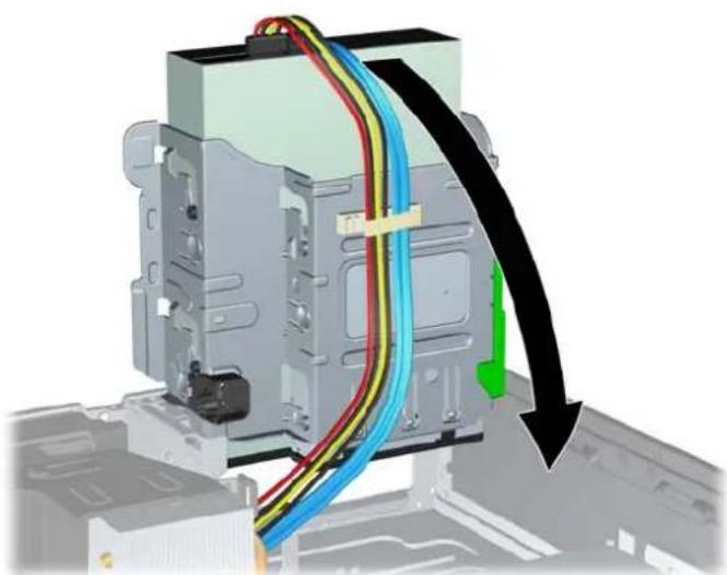 3D diagram of a computer chassis with colored cable routing and a black arrow indicating direction (no text or symbols)