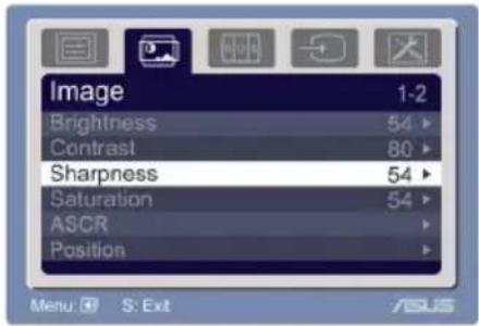 Image 1-2 Brightness 54 ▶ Contrast 80 ▶ Sharpness 54 ▶ Saturation 54 ▶ ASCR ▶ Position ▶ Menu: S: Exit ASUS
