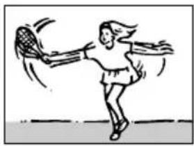 Illustration of a person playing tennis, mid-swing with racket and motion lines (no text or symbols)