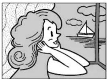 Illustration of a woman with curly hair looking out toward a sailboat on the sea (no text or symbols)