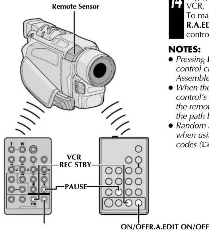 Remote Sensor VCR. REC STBY PAUSE ON/OFFR.A.EDIT ON/OFF NOTES: • Pressing R control cl Assemble • When the control's the remot the path b • Random A when using codes (C)