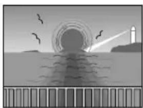 Silhouette of a sun partially submerged in water with birds flying around, and a distant arched structure (no text or symbols)