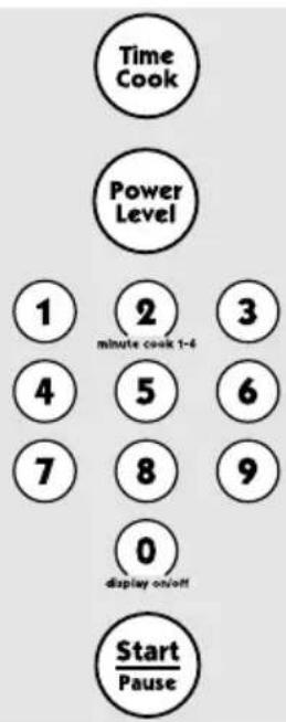 Time Cook Power Level ① ② ③ minute cook 1-4 ④ ⑤ ⑥ ⑦ ⑧ ⑨ 0 display on/off Start Pause
