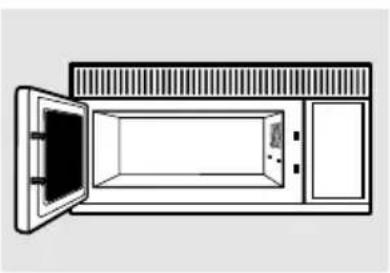 Line drawing of a microwave oven with open door and side door (no text or symbols)
