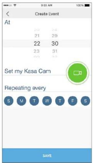 At Create Event 20 24 21 29 22 30 23 31 00 85 Set my Kasa Cam Repeating every S M T W T F S SAVE
