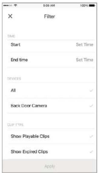 9:00 AM 100% X Filter TIME Start Set Time End time Set Time DEVICES All ✓ Back Door Camera ✓ CLIP TYPE Show Playable Clips ✓ Show Expired Clips ✓ Apply