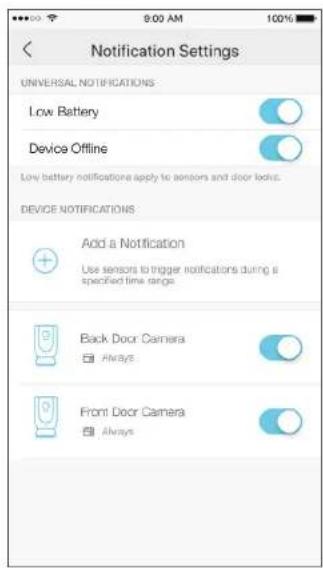 9:00 AM 100% Notification Settings UNIVERSAL NOTIFICATIONS: Low Battery Device Offline Low battery notifications apply to sensors and door locks. DEVICE NOTIFICATIONS Add a Notification Use sensors to trigger notifications during a specified time range. Back Door Camera Always Front Door Camera Alwa…