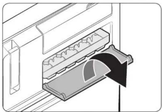 Diagram of a refrigerator with internal compartments and a curved arrow indicating airflow or movement (no text or symbols)