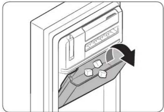 Diagram of a refrigerator with a door and drawer, showing a directional arrow indicating rotation (no text or symbols present)
