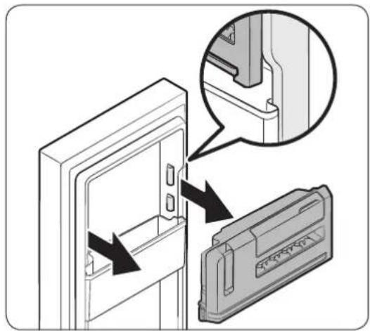 Diagram showing a door panel being inserted into a device, with an inset close-up of the component (no text or symbols present)