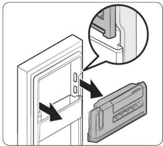 Diagram showing a door panel being inserted into a device, with an inset close-up of the component (no text or symbols present)