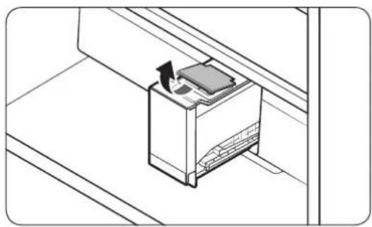 Diagram of a refrigerator with an arrow indicating rotation or movement, no text or symbols present
