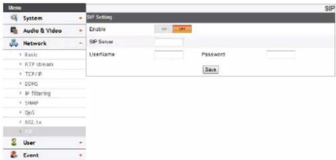 SIP System Audio & Video Network Basic ATP stream TCP/IP DDNS IP filtering SNMP QoS B02.1x User Event SIP Setting Enable SIP Server Username Password Save