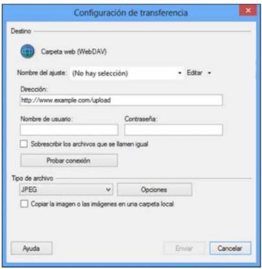 Configuración de transferencia Destino Carpeta web (WebDAV) Nombre del ajuste: (No hay selección) Editar Dirección: http://www.example.com/upload Nombre de usuario: Contraseña: Sobrescribir los archivos que se llenen igual Probar conexión Tipo de archivo JPEG Opciones Copiar la imagen o las imágenes…