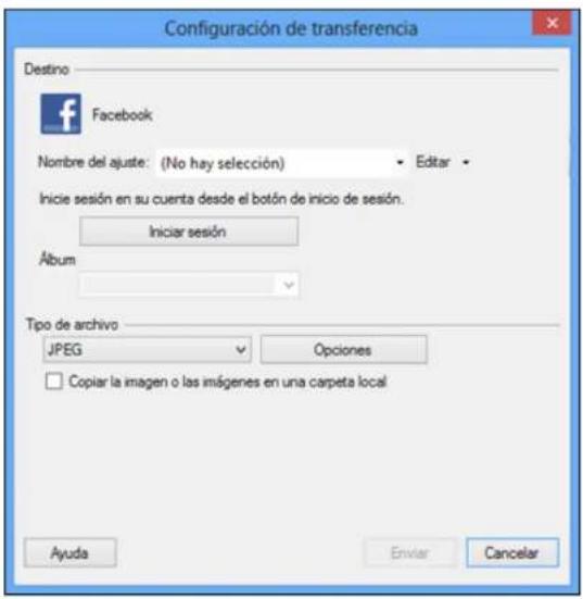 Configuración de transferencia Destino Facebook Nombre del ajuste: (No hay selección) Editar Inicio sesión en su cuenta desde el botón de inicio de sesión. Iniciar sesión Álbum Tipo de archivo JPEG Opciones Copiar la imagen o las imágenes en una carpeta local Ayuda Enviar Cancelar