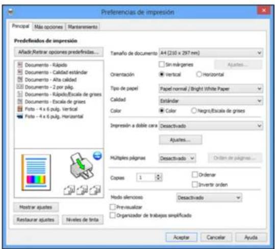 Preferencias de impresión Principal Más opciones Mantenimiento Predefinidos de impresión Añadir Retrar opciones predefinidas... Tamaño de documento A4 (210 x 297 mm) Sin lágenes Ajustes... Orientación Vertical Horizontal Tipo de papel Papel normal / Bright White Paper Calidad Estándar Color Color Ne…