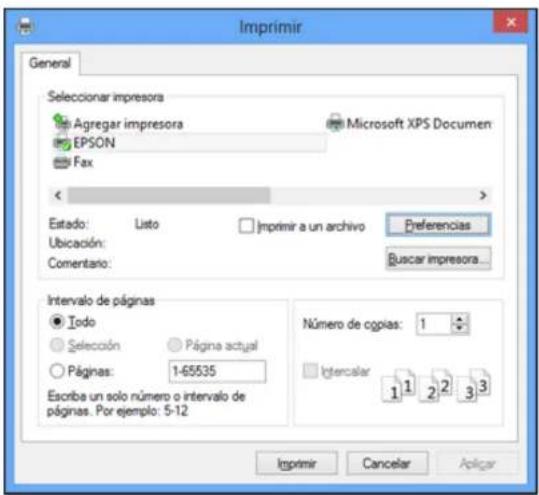 Imprimir General Seleccionar impresora Agregar impresora EPSON Fax Microsoft XPS Documen < > Estado: Listo Ubicación: Comentario: Imprimir a un archivo Preferencias Buscar impresora... Intervalo de páginas Todo Selección Página actual Páginas: 1-65535 Número de cpias: 1 Intercalar Escribe un solo nú…