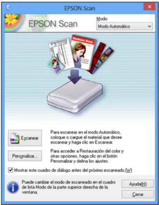 EPSON Scan EPSON Scan Modo: Modo Automático Escanear Para escanear en el modo Automático, coloque o cargue el material que desee escanear y haga clic en Escanear. Personalizar... Para acceder a Restauración del color y otras opciones, haga clic en el botón Personalizar y defina los ajustes. ✓ Mostra…