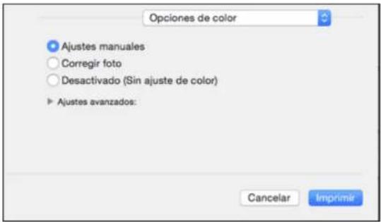 Opciones de color Ajustes manuales Corregir foto Desactivado (Sin ajuste de color) Ajustes avanzados: Cancelar Imprimir