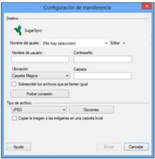Configuración de transferencia Destino SugarSync Nombre del ajuste: (No hay selección) Editar Nombre de usuario: Contraseña: Ubicación Carpeta: Carpeta Mágica Carpeta: Sobrescribir los archivos que se llenen igual Probar conexión Tipo de archivo JPEG Opciones Copiar la imagen o las imágenes en una c…
