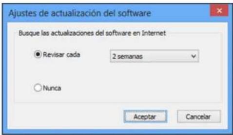 Ajustes de actualización del software Busque las actualizaciones del software en Internet ● Revisar cada 2 semanas ○ Nunca Aceptar Cancelar