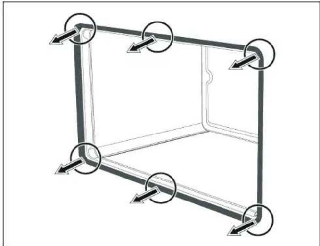 Pure technical diagram of a 3D rectangular frame with directional arrows indicating force or connection points (no text or symbols)