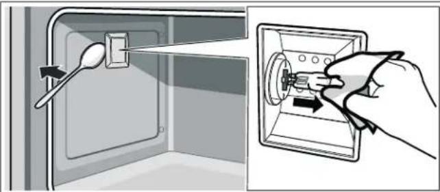 Illustration showing a hand inserting a screw into a microwave oven with a spoon (no text or symbols)