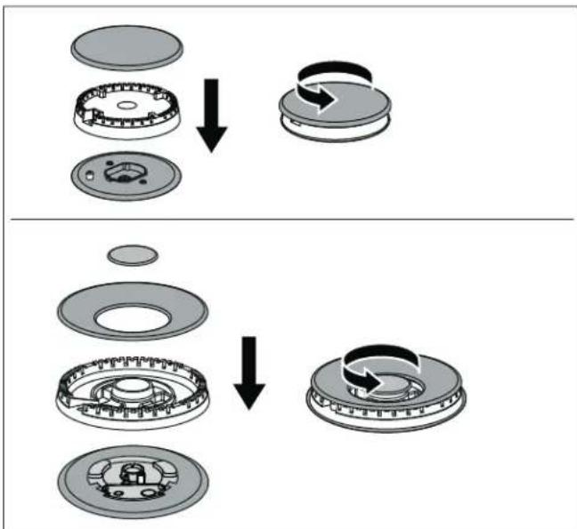 graph TD A["Top: Disassembly with circular components"] --> B["Downward Arrow"] B --> C["Left: Top circular component with internal gear-like structure"] C --> D["Right: Upper circular component with rotational arrow indicating rotation"] D --> E["Bottom: Internal gear-like housing with inner gear a…