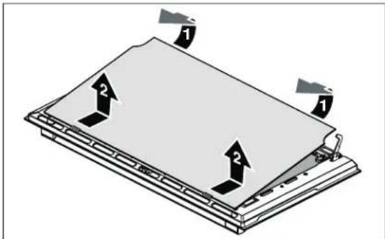 Diagram showing a device with two labeled arrows pointing to a flat panel, marked as '1' and '2'.