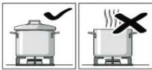 Illustration showing two cooking pots with checkmarks and a crossed-out 'X' symbol, likely indicating cooking or heating.