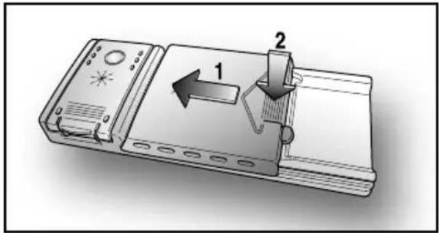 Diagram of a device with labeled parts and directional arrow, showing component 1 and component 2