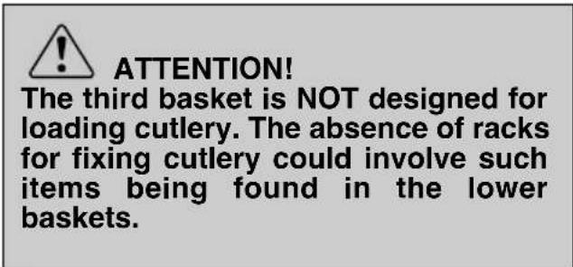 ATTENTION! The third basket is NOT designed for loading cutlery. The absence of racks for fixing cutlery could involve such items being found in the lower baskets.