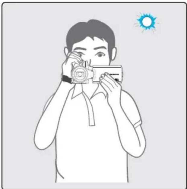 Illustration of a person using a camera to observe, with a sun icon in the background (no text or symbols)