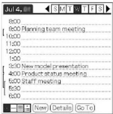 Jul 4, 8:00 8:00 Planning team meeting 10:00 11:00 12:00 1:00 3:30 New model presentation 4:00 Product status meeting 5:00 Staff meeting 6:30 6:00 New Details Go To