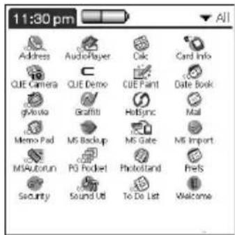 11:30 pm Address AudioPlayer Oak Card Info QUE Camera QUE Demo CUE Paint Date Book gMouka Graffiti Hobbyc Mail Memo Pad MS Backup MS Gate MS Import MSAutorun PG Pocket Photostand Prefs Security Sound UI To Do List Welcome