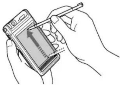 Illustration of a hand holding a smartphone with a stylus, showing the screen and arrow (no text or symbols present)