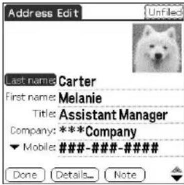 Address Edit Last name: Carter First name: Melanie Title: Assistant Manager Company: ***Company ▼ Mobile: ####-###-### Done Details... Note Unfiled