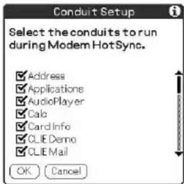 Conduit Setup Select the conduits to run during Modem HotSync. Address Applications AudioPlayer Calc Card Info CLIE Demo CLIE Mail OK Cancel