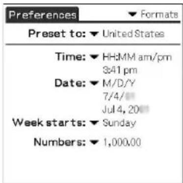 Preferences Formats Preset to: ▼ United States Time: ▼ HH:MM am/pm 3:41 pm Date: ▼ M/D/Y 7/4/ Jul 4, 20 Week starts: ▼ Sunday Numbers: ▼ 1,000.00