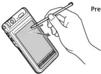 Illustration of a hand using a stylus to write on a digital device (no text or symbols visible)