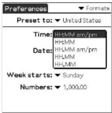 Preferences Formats Preset to: ▼ United States Time: HH:MM am/pm HH:MM Date: HLLMM am/pm HLLMM HH,MIV Week starts: ▼ Sunday Numbers: ▼ 1,000.00