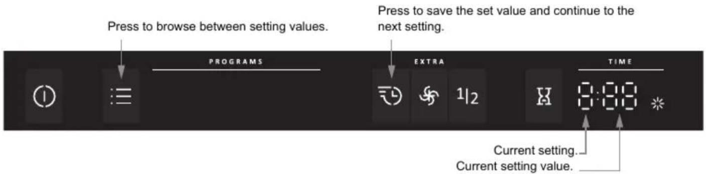 Press to browse between setting values. Press to save the set value and continue to the next setting. PROGRAMS EXTRA TIME Current setting. Current setting value.