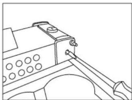 Line drawing of a mechanical device with circular components and a rod inserted.