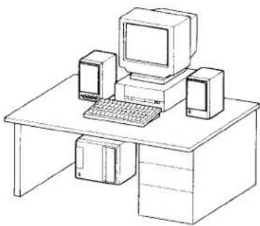Line drawing of a desktop computer setup with monitor, tower, and keyboard (no text or symbols)